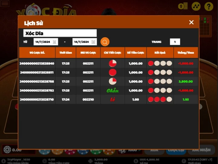 Xóc đĩa W88 trò chơi trực tuyến ăn khách nhất tại Việt Nam 3 Bảng lịch sử chi tiết của người chơi Xóc đĩa W88